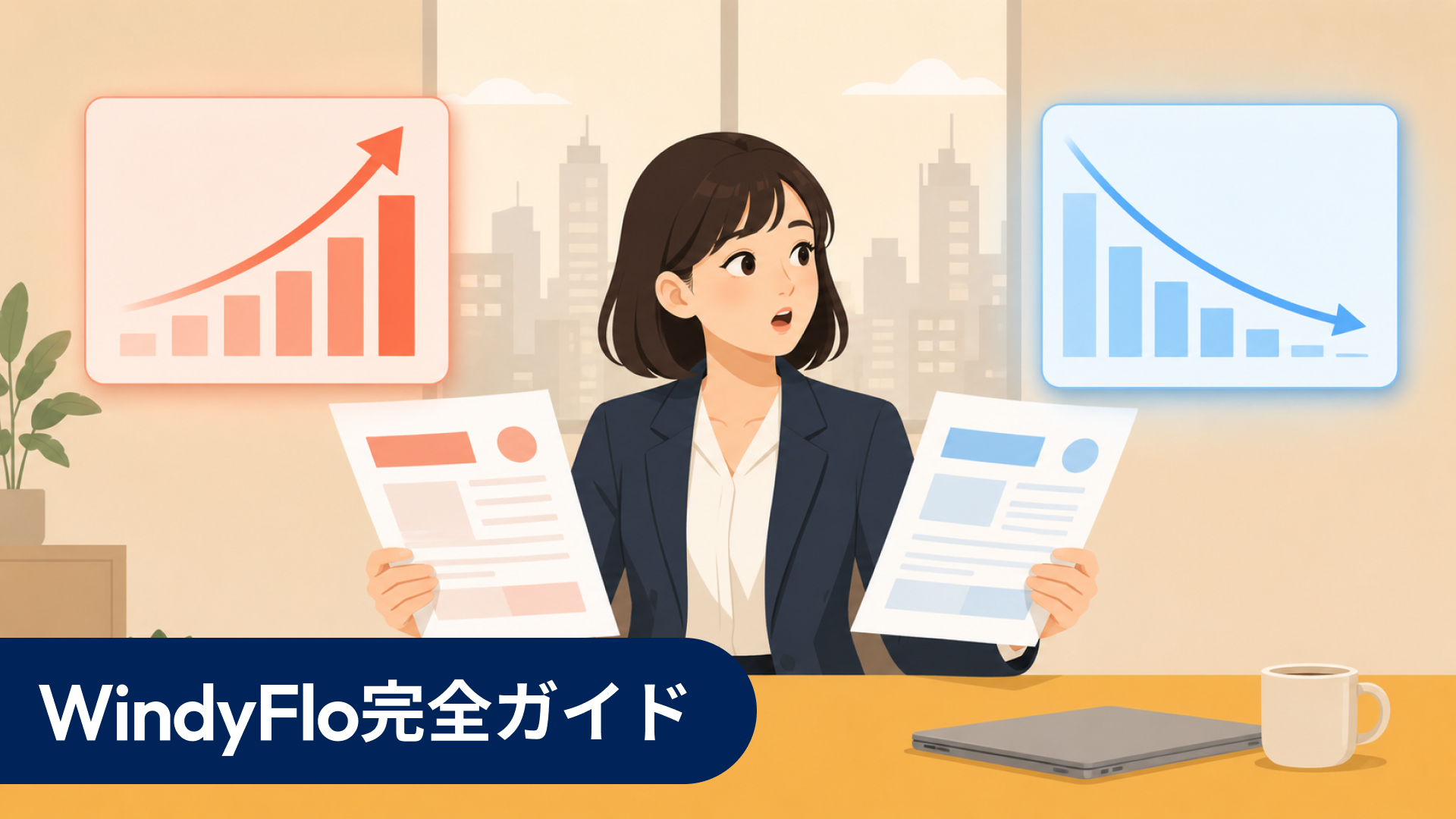 両手に書類を持ちZapier急騰グラフ（赤・左背景）とWindyFlo削減グラフ（青・右背景）を対比する日本人女性ビジネスパーソンのフラットイラスト