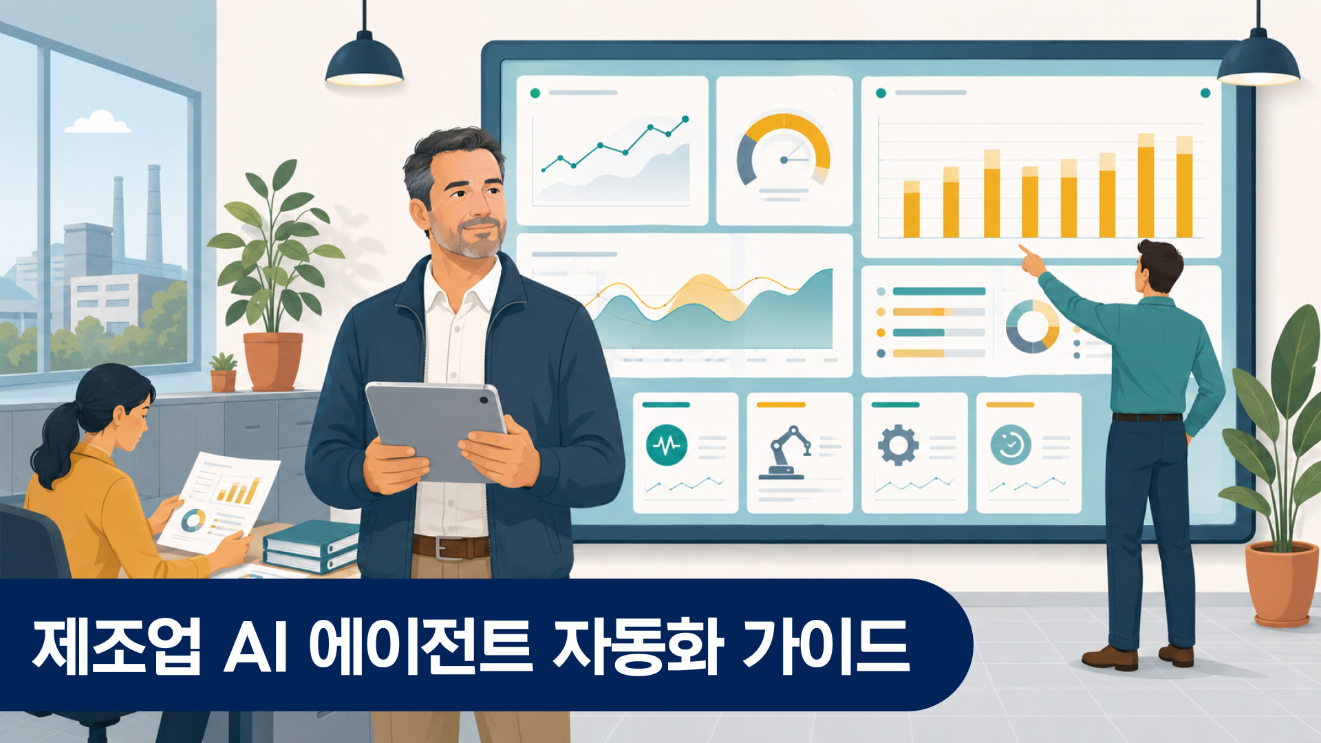 40대 한국 남성 공장 운영 관리자가 스마트 팩토리 현장에서 태블릿을 들고 실시간 생산 모니터링 대시보드를 확인하며 뒤로 정밀 제조 설비가 운영 중인 장면