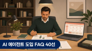 30대 후반 한국 남성 IT 전략 매니저가 넓은 책상에서 여러 문서와 AI 도입 체크리스트를 펼쳐놓고 노트북 화면과 비교하며 FAQ 항목을 검토하는 기업 사무실 장면