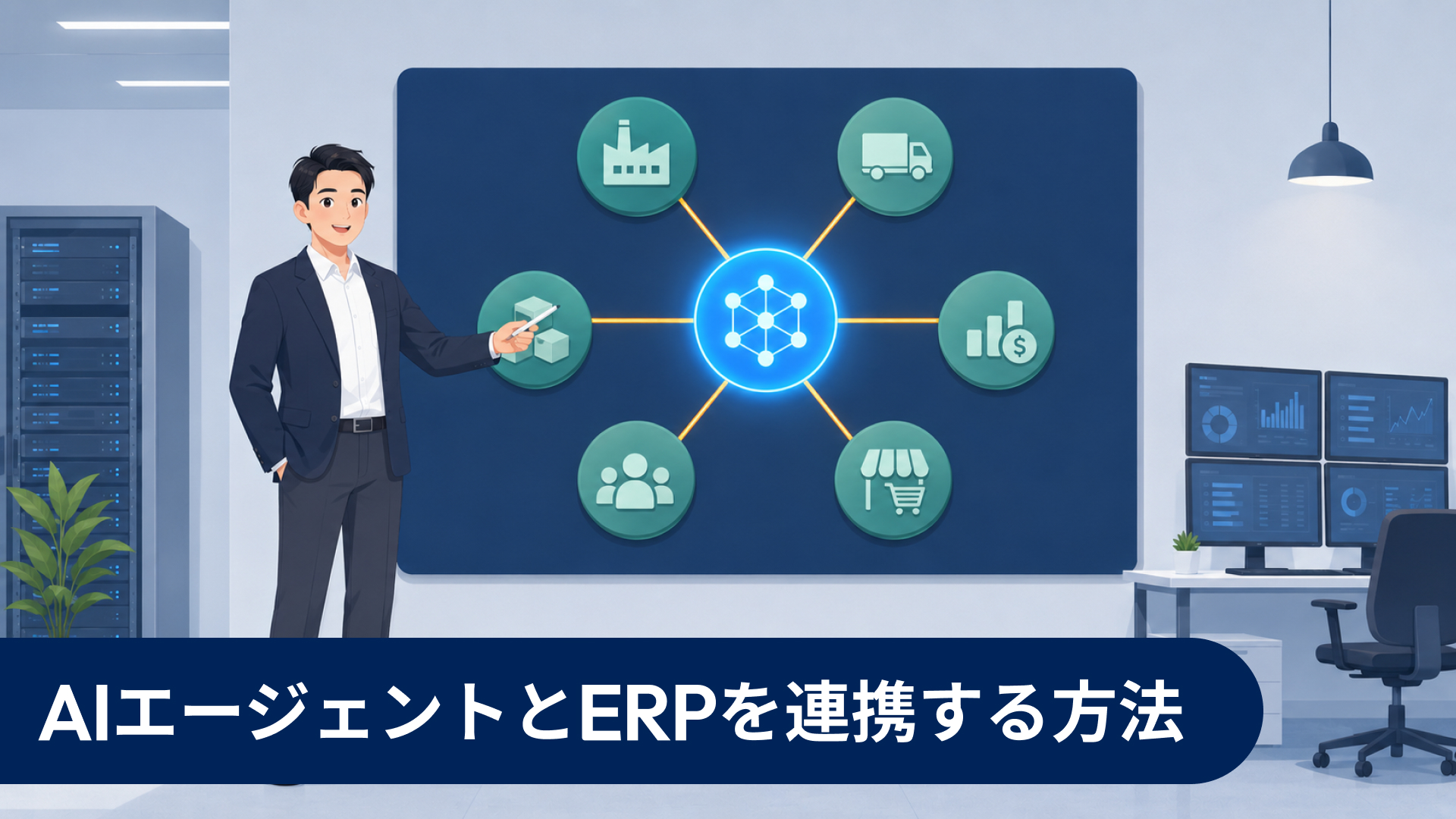 工場からAIブレイン（六角形）を経由してデータベースと設定ギアへ接続するフロー図と青・灰・橙色のコンベアベルトを組み合わせたERP連携アーキテクチャのフラットイラスト