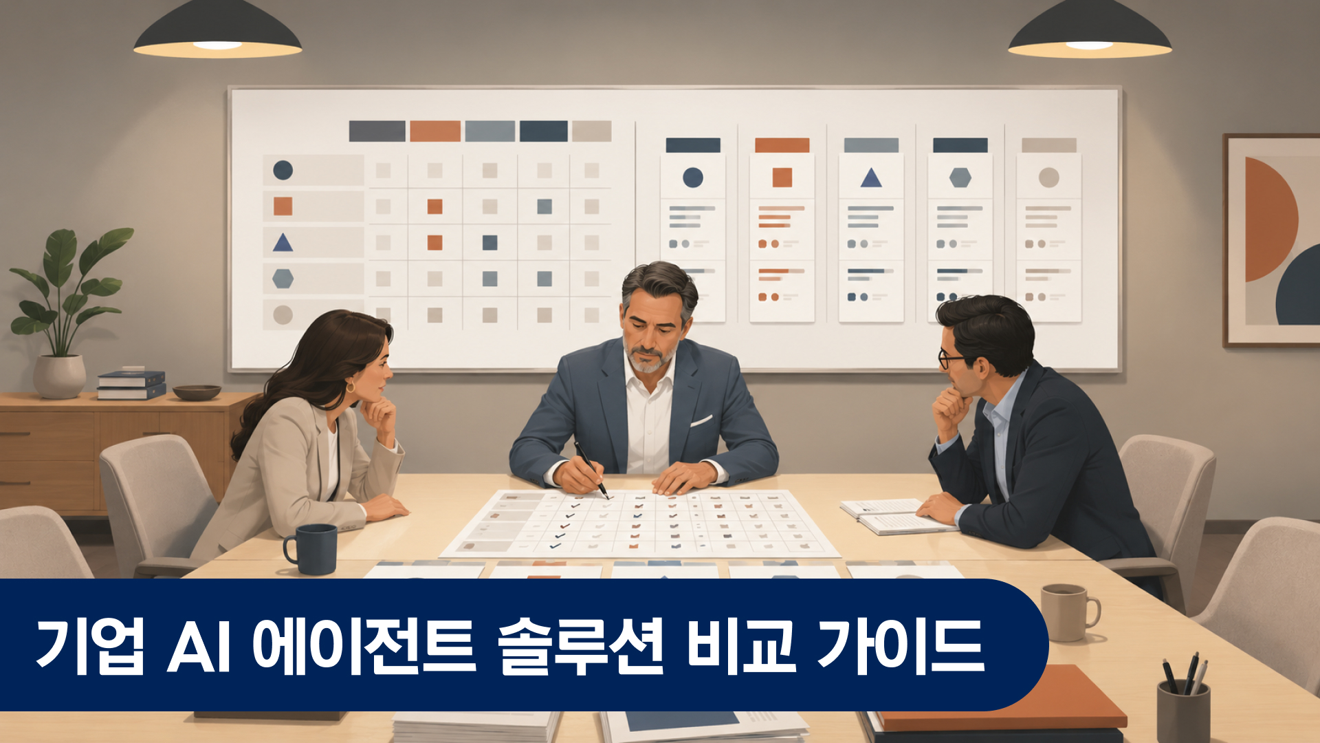 40대 한국 남성 의사결정자가 넓은 회의 테이블에 앉아 여러 AI 솔루션 공급사 자료를 나란히 펼쳐놓고 비교 분석표를 작성하는 기업 솔루션 선정 회의 장면