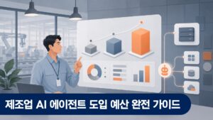 제조업 IT팀장이 AI 에이전트 도입 예산안을 검토하는 공장 사무실 장면
