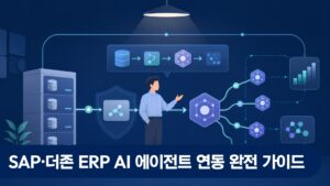 IT 아키텍트가 SAP ERP와 AI 에이전트 연동 다이어그램을 검토하는 사무실