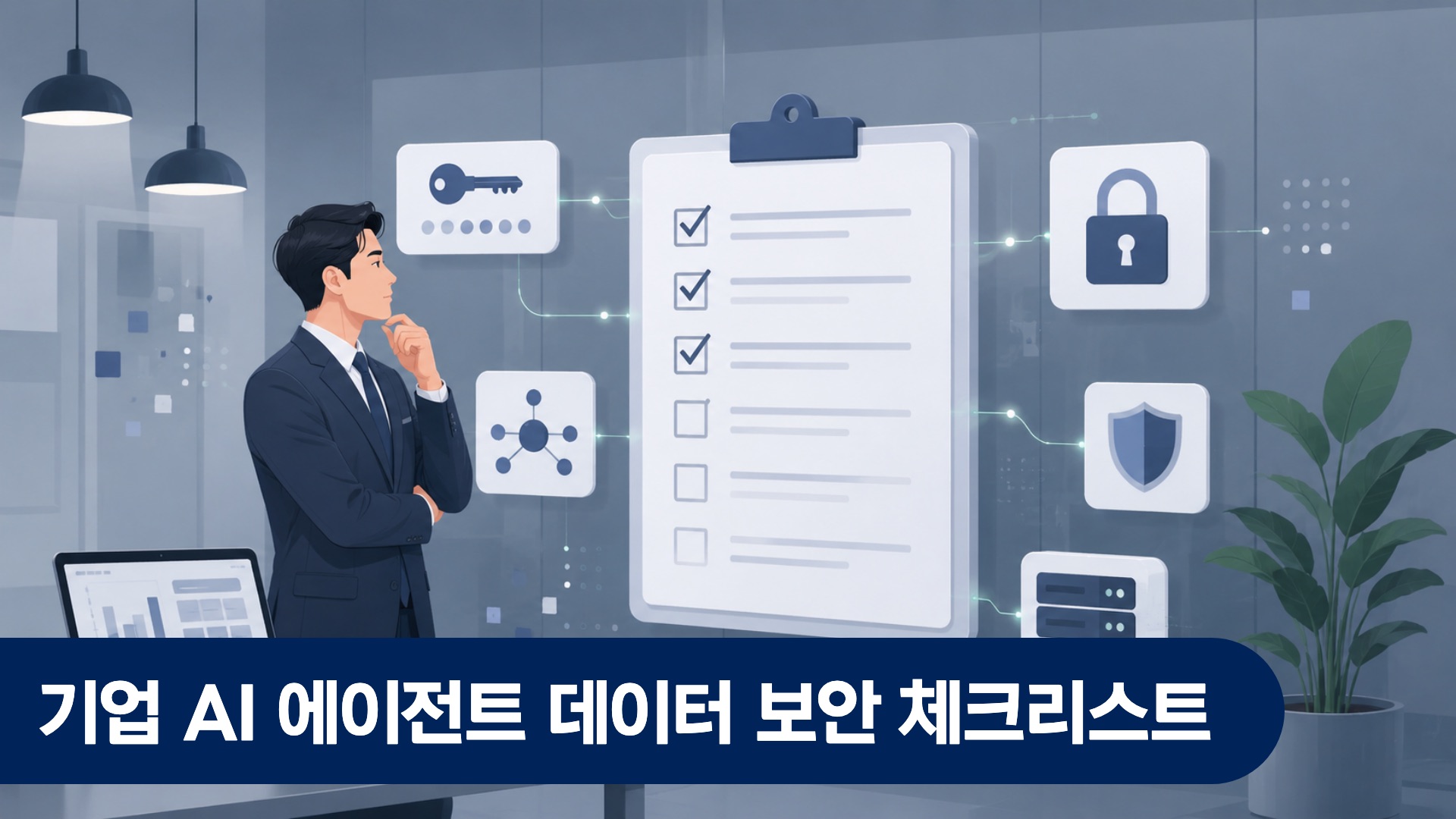 기업 보안 담당자가 AI 에이전트 데이터 보안 체크리스트를 점검하는 사무실