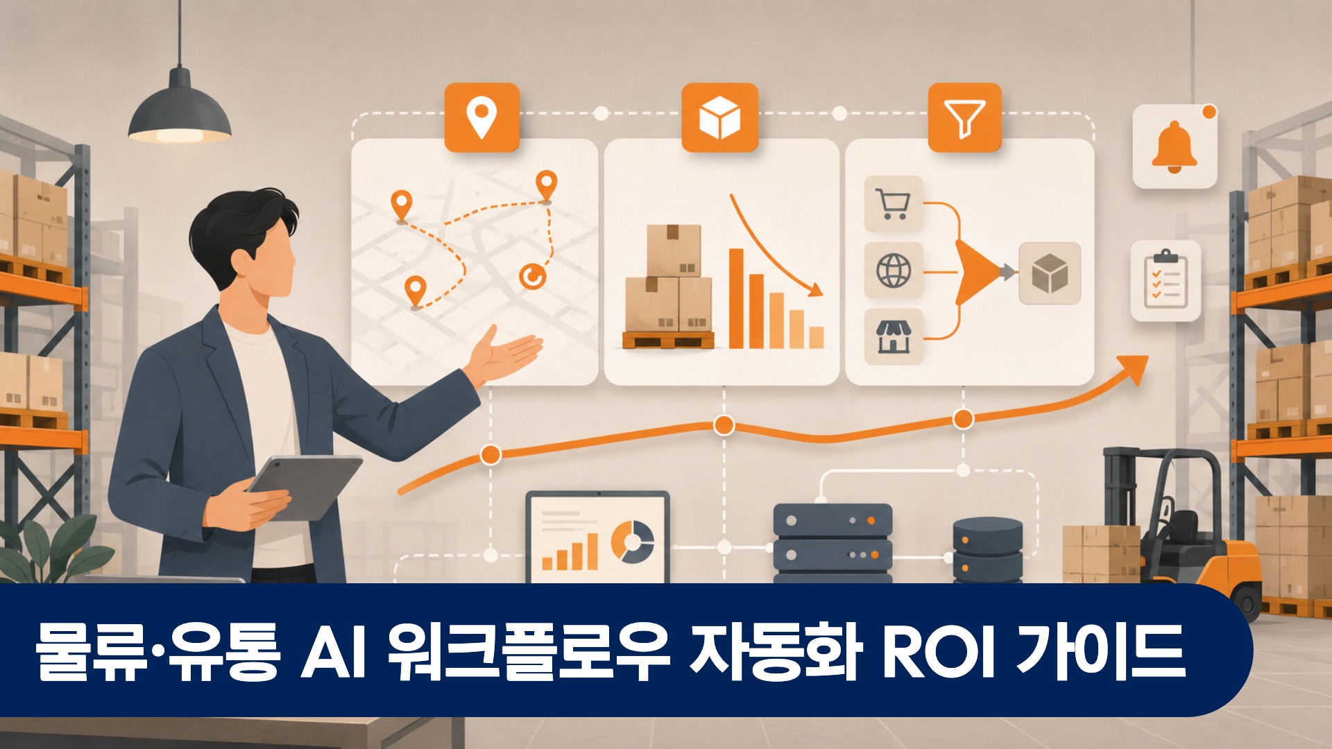 물류기업 관리자가 AI 워크플로우 자동화 ROI 데이터를 검토하는 물류센터 사무실