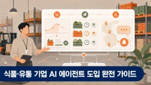 식품 유통 창고에서 AI 에이전트 대시보드로 발주와 재고를 점검하는 운영 담당자