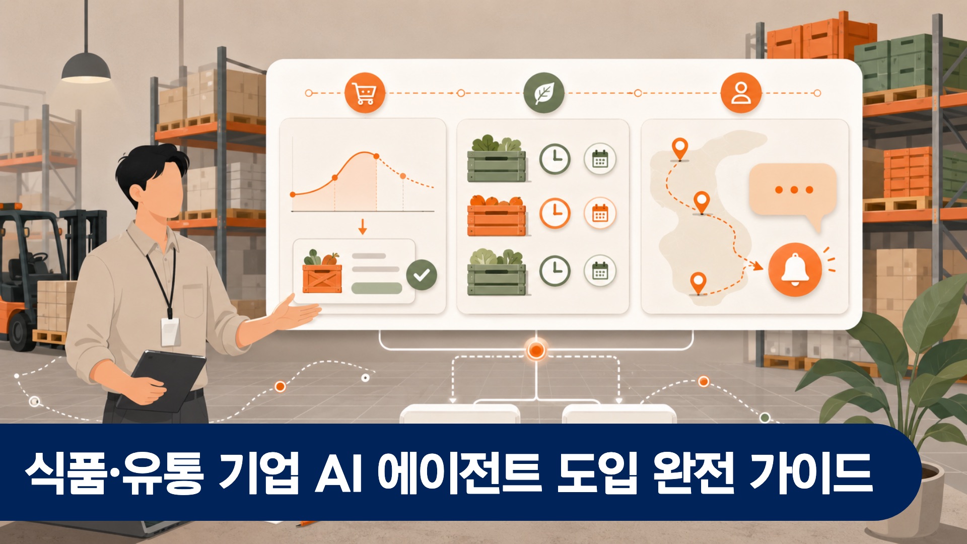 식품 유통 창고에서 AI 에이전트 대시보드로 발주와 재고를 점검하는 운영 담당자