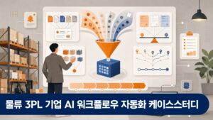 3PL 물류센터 관리자가 여러 화주사 데이터를 통합한 AI 대시보드를 검토하는 창고 사무실