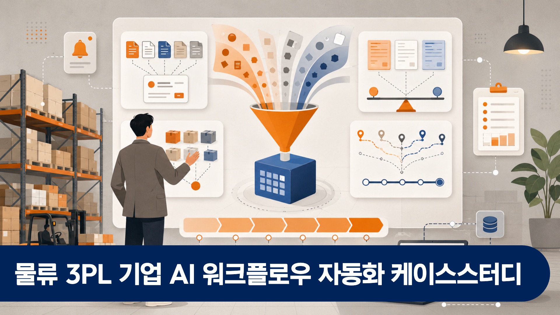 3PL 물류센터 관리자가 여러 화주사 데이터를 통합한 AI 대시보드를 검토하는 창고 사무실