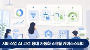 서비스 기업 상담팀이 AI 고객 응대 6개월 성과 데이터를 함께 검토하는 사무실