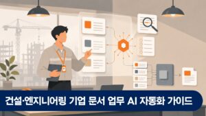 건설 현장 사무실에서 담당자가 AI 에이전트로 견적서와 공정 보고서를 점검하는 장면