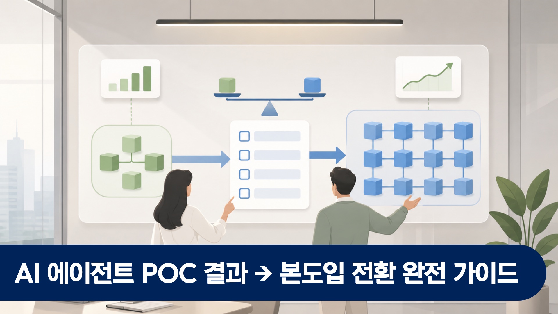 AI 에이전트 POC 결과를 검토하며 본도입 전환을 결정하는 회의실 의사결정 장면